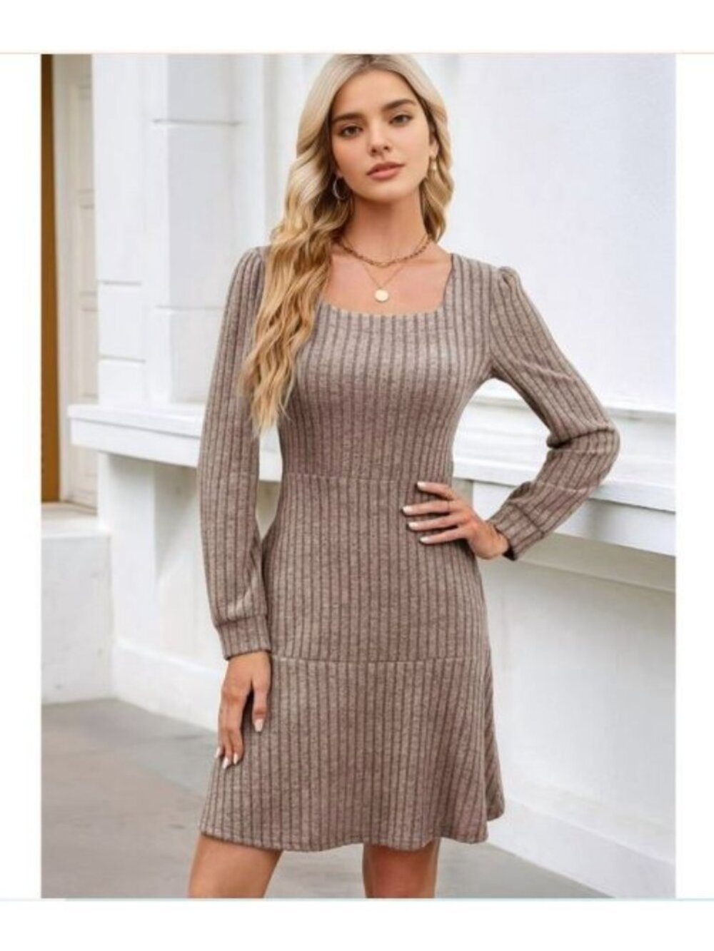 Sampeel Sweater Dress Square Neck Long Sleeve Ribbed  Womens Size L Dark Wash